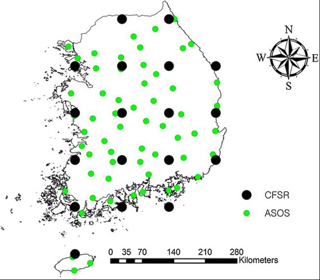 ASOS and CFSR stations over South Korea